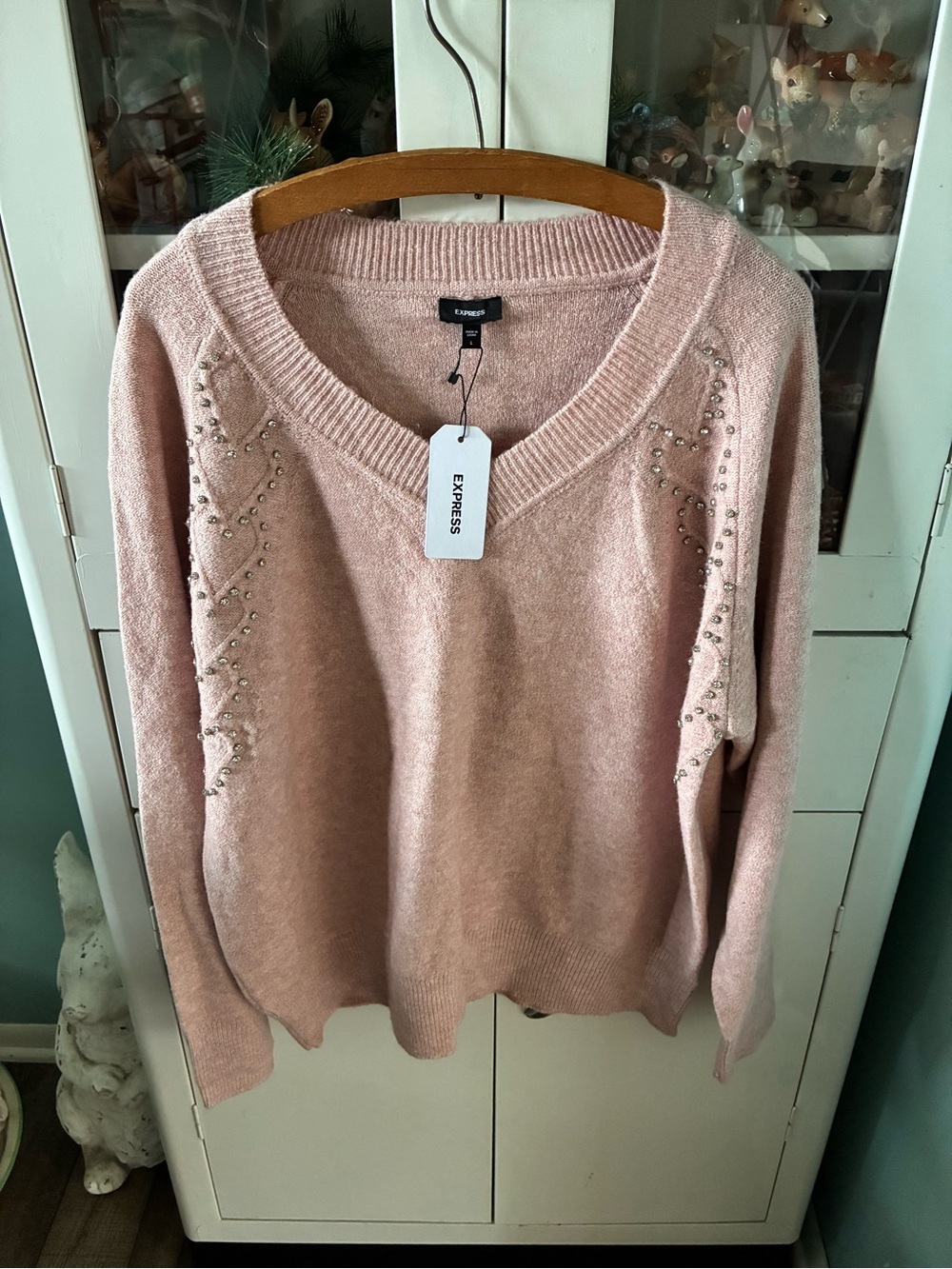 Express Women's Blush Pink V-Neck Embellished Sweater sz L nwt